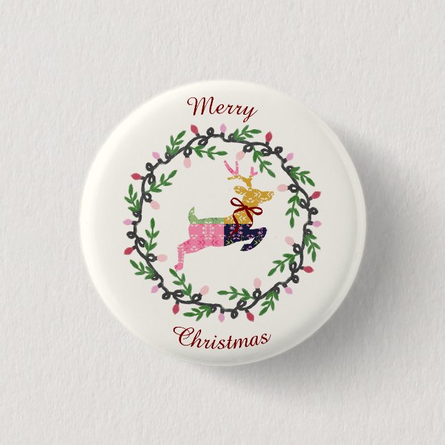 Merry Christmas Deer with Wreath Customize Button (Front)