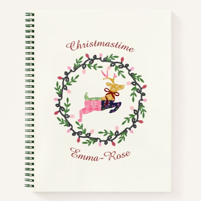 Merry Christmas Deer with Wreath Customize Notebook (Front)