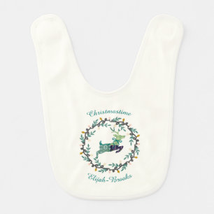 Merry Christmas Deer with Wreath Teal Baby Bib