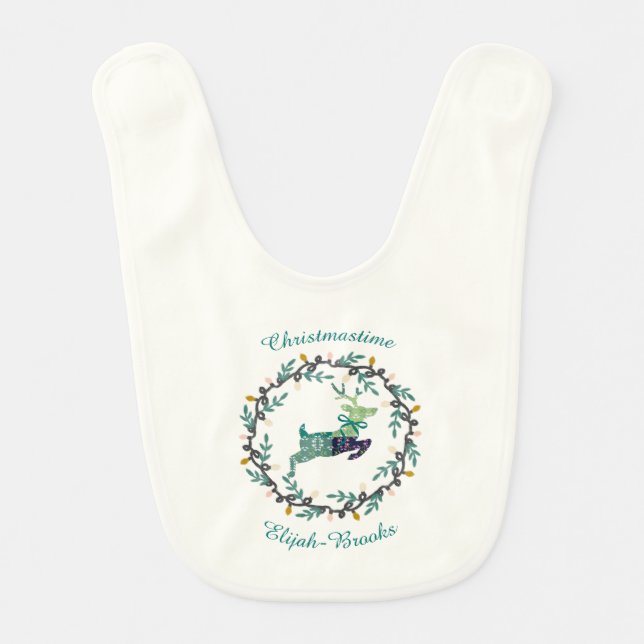 Merry Christmas Deer with Wreath Teal Baby Bib (Front)
