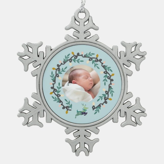 Merry Christmas Deer with Wreath Teal Snowflake Pewter Christmas Ornament (Front)