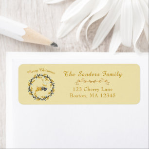 Merry Christmas Deer with Wreath Yellow Address Label