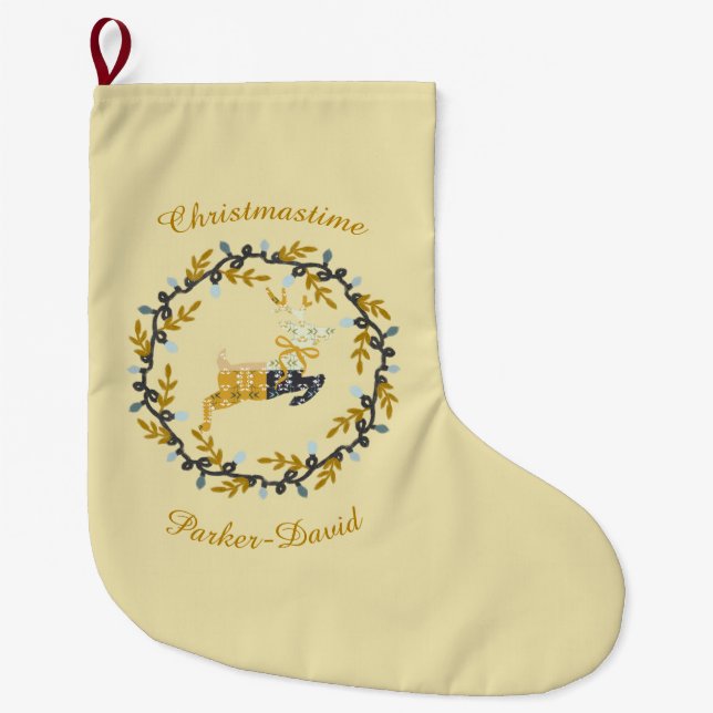 Merry Christmas Deer with Wreath Yellow Customize Large Christmas Stocking (Front)