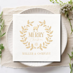 Merry Christmas Deer Wreath Corporate Personalized Foil Napkins