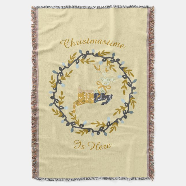 Merry Christmas Deer & Wreath Yellow Throw Blanket (Front Vertical)