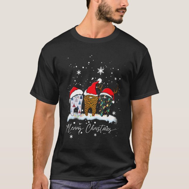Merry Christmas Dentist Teeth Santa Hat Plaid Dent T-Shirt (Front)