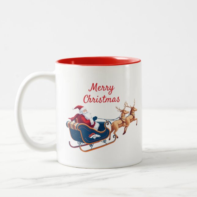 Merry Christmas Denver Broncos Santa Sleigh Two-Tone Coffee Mug (Left)