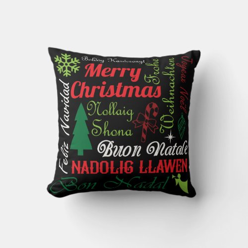 Merry Christmas Different Languages   Throw Pillow