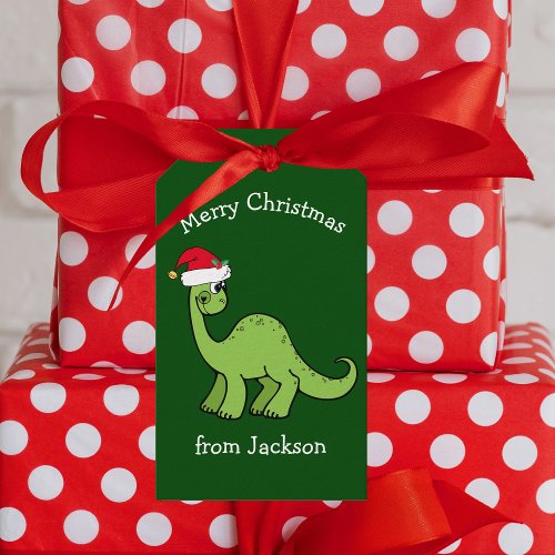 Merry Christmas Dinosaur in Santa Hat Custom Kids Gift Tags