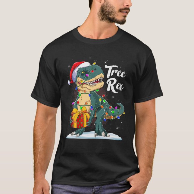 Merry Christmas Dinosaur Tree Rex Pajamas Xmas Lig T-Shirt (Front)
