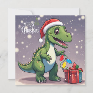 Merry Christmas Dinosaur with Present Holiday Card