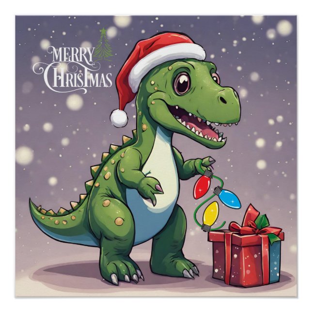 Merry Christmas Dinosaur with Present Poster (Front)