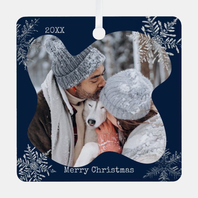 Merry Christmas Distressed Snowflakes Custom Photo Metal Ornament (Front)