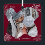 Merry Christmas Distressed Snowflakes Custom Photo Metal Ornament<br><div class="desc">A simple Christmas ornament featuring a dark wine red background with distressed silver glitter snowflakes to add a bit of bling,  and a placeholder for your favorite family photo. The vintage-style typewriter font gives the design a classic and timeless look.</div>