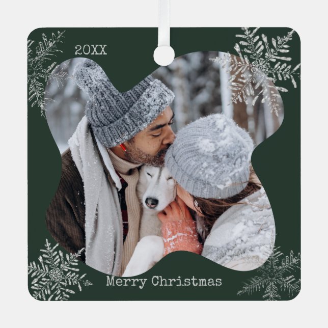 Merry Christmas Distressed Snowflakes Custom Photo Metal Ornament (Front)