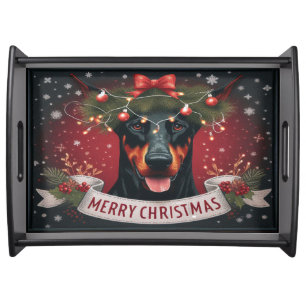 Merry Christmas Doberman Dog Twinkling Xmas Lights Serving Tray