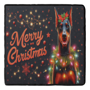 Merry Christmas Doberman Dog Twinkling Xmas Lights Trivet