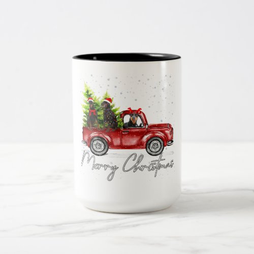 Merry Christmas Doberman Red Truck Xmas Two_Tone Coffee Mug