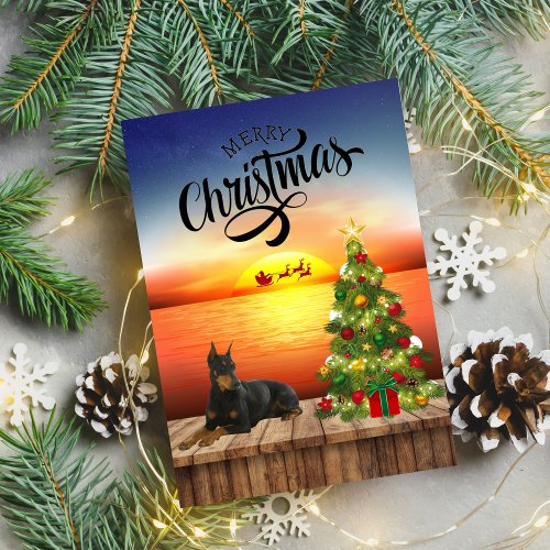 Merry Christmas Doberman Sunset Bay Dock Holiday Card