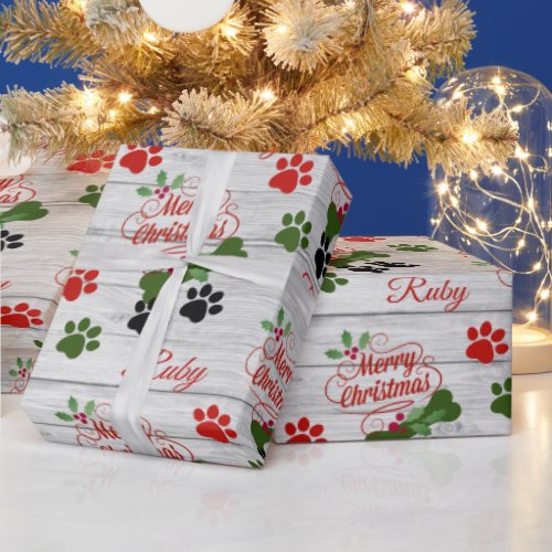 Merry Christmas Dog add Name Bone  Pawprints Wrap Wrapping Paper