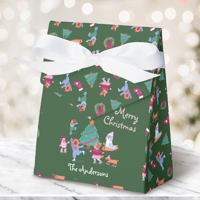 Merry Christmas Dog Ice Skating Festive Green Favor Boxes (Creator Uploaded)