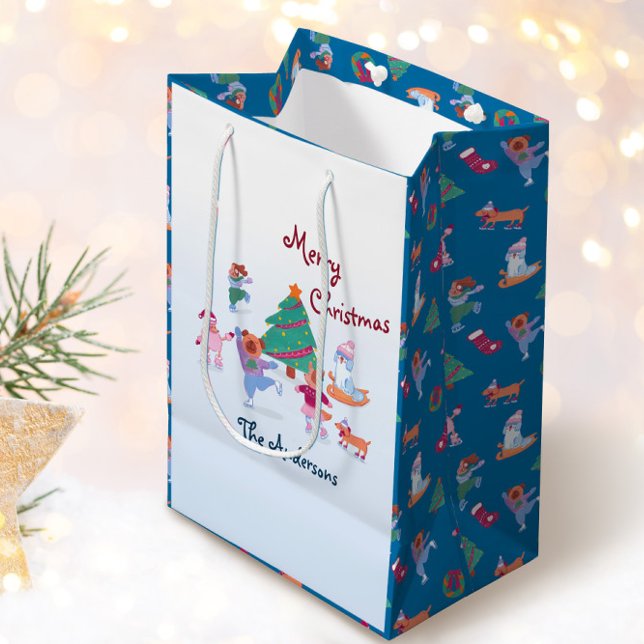 Merry Christmas Dog Ice Skating Name Blue Medium Gift Bag (Creator Uploaded)