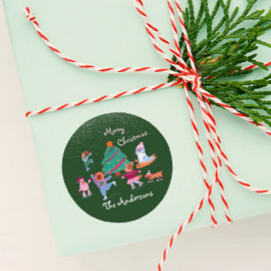 Merry Christmas Dog Ice Skating Name Green Classic Round Sticker