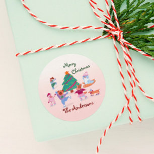Merry Christmas Dog Ice Skating Name Pink Gift Classic Round Sticker
