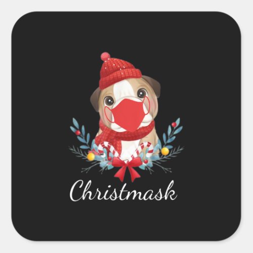 Merry Christmas Dog Lover Bulldog Wearing Mask Square Sticker