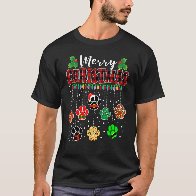 Merry Christmas Dog Paw Print Buffalo Plaid Red Ug T-Shirt (Front)