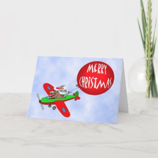 Merry Christmas, dog pilot in plane with balloon. Holiday Card