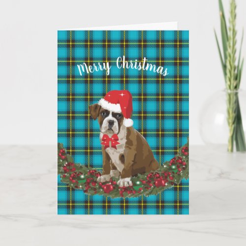 Merry Christmas Dog Puppy Plaid Santa Hat Holiday Card