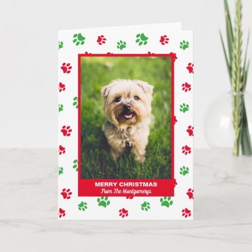 Merry Christmas Dog Red Green Paw Prints Pet Photo Holiday Card