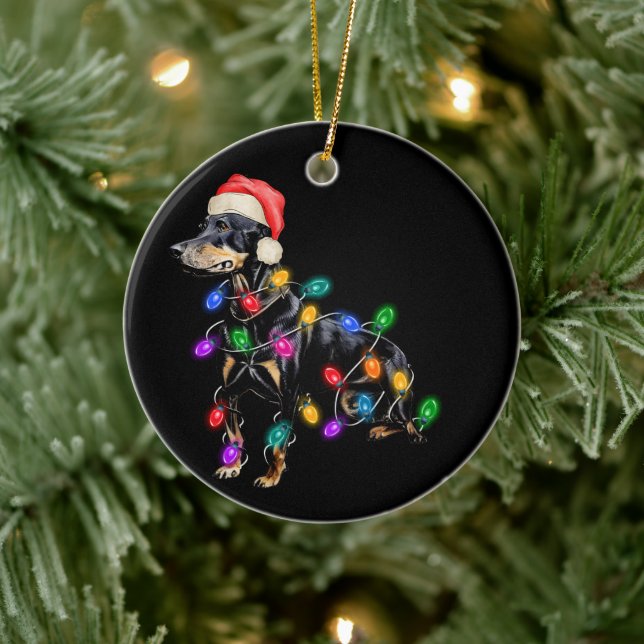 Merry Christmas Dog Tangled in Lights Ceramic Ornament (Tree)
