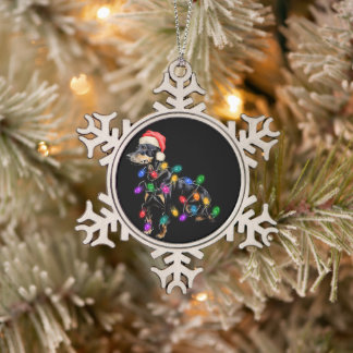 Merry Christmas Dog Tangled in Lights Snowflake Pewter Christmas Ornament