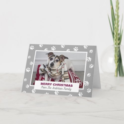 Merry Christmas Dog White Paw Prints Pet Photo Holiday Card