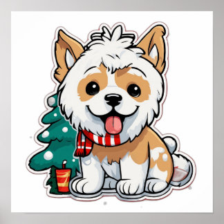Merry Christmas Dog With Coffee Cup | Cute Holiday Poster