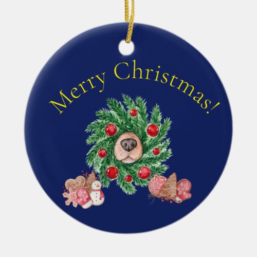 Merry Christmas Dog with Nose in Wreath Ceramic Ornament