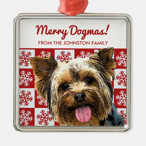 Merry Christmas Dog Yorkie Terrier Dogmas Red Metal Ornament