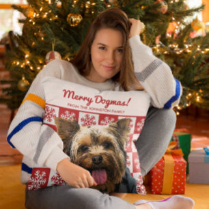 Merry Christmas Dog Yorkie Terrier Dogmas Red Throw Pillow