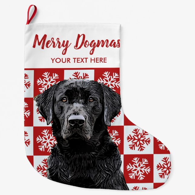 Merry Christmas Dogmas  Black Lab Festive Red Dog Large Christmas Stocking (Front)