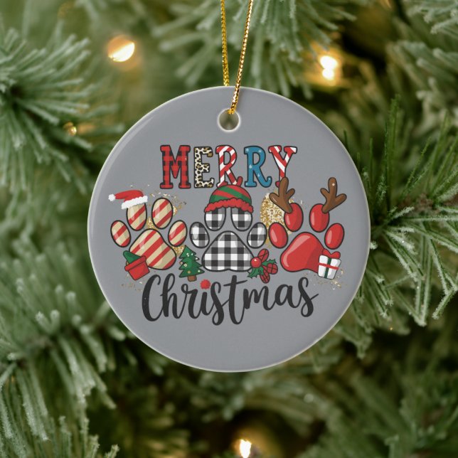 Merry Christmas Dogs Dog Mom Paws  Ceramic Ornament (Tree)