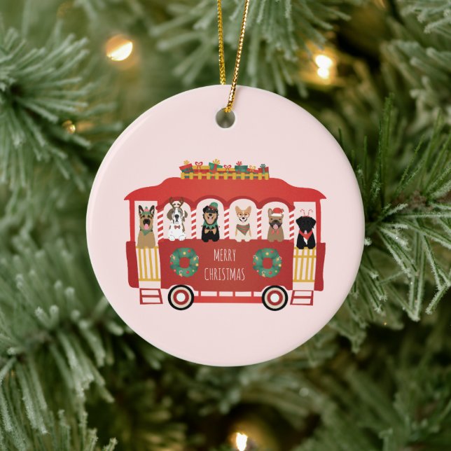 Merry Christmas Dogs Holiday Trolly Ceramic Ornament (Tree)