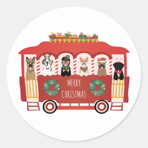 Merry Christmas Dogs Holiday Trolly Classic Round Sticker