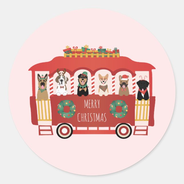 Merry Christmas Dogs Holiday Trolly Classic Round Sticker (Front)