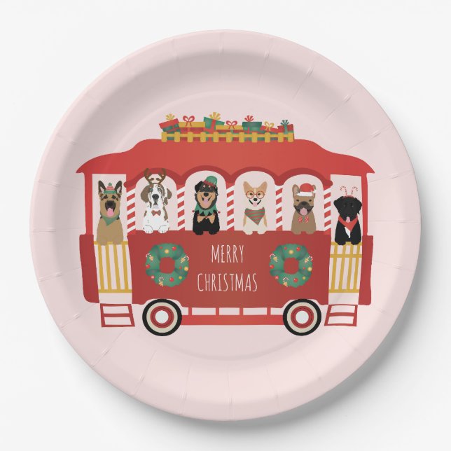 Merry Christmas Dogs Holiday Trolly Paper Plates (Front)