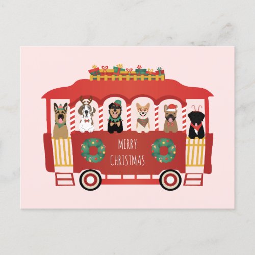 Merry Christmas Dogs Holiday Trolly Postcard