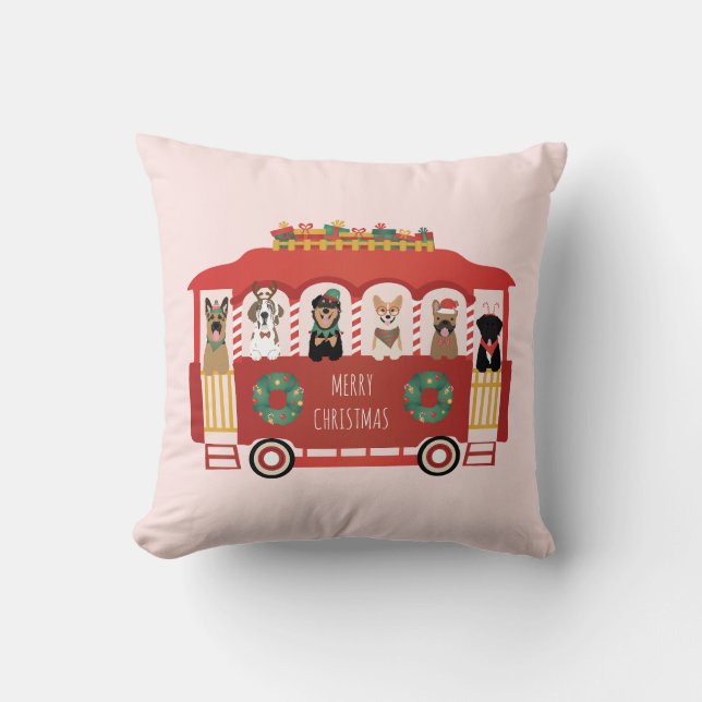 Merry Christmas Dogs Holiday Trolly Throw Pillow (Front)