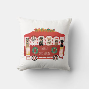 Merry Christmas Dogs Holiday Trolly Throw Pillow