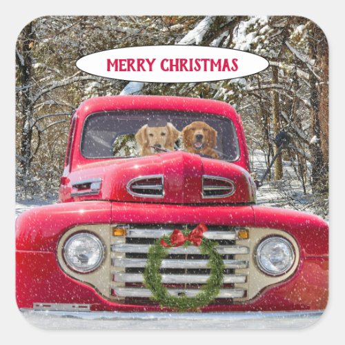 Merry Christmas dogs in retro red truck Square Sticker
